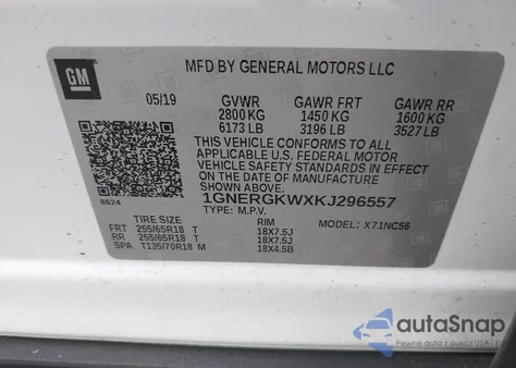 2019 Chevrolet Traverse 1Lt z USA, uszkodzony, nr VIN 1GNERGKWXKJ296557